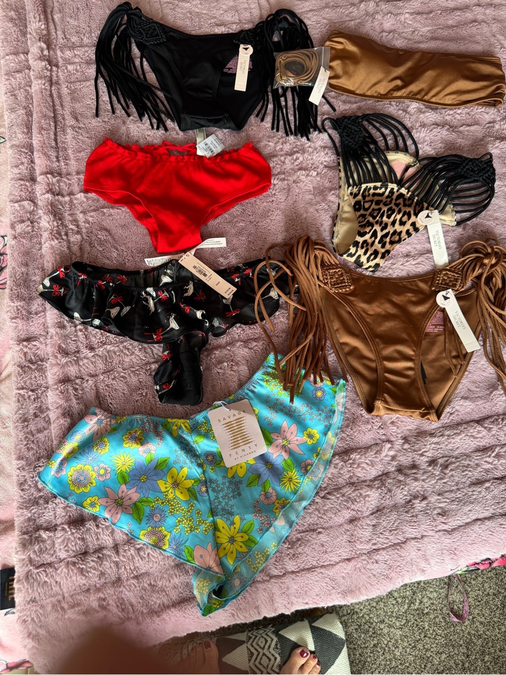 Savage X Fenty Blue Floral Bikini Bottom & Black Ruffle Thong Set